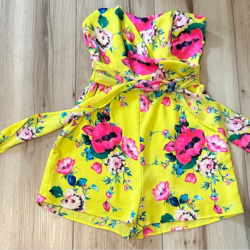 Express Satin Floral Strapless Tie Waist Romper